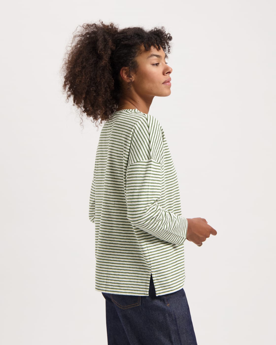 T-shirt manches longues en lin et coton bio | rayé "yulia tee green off white"