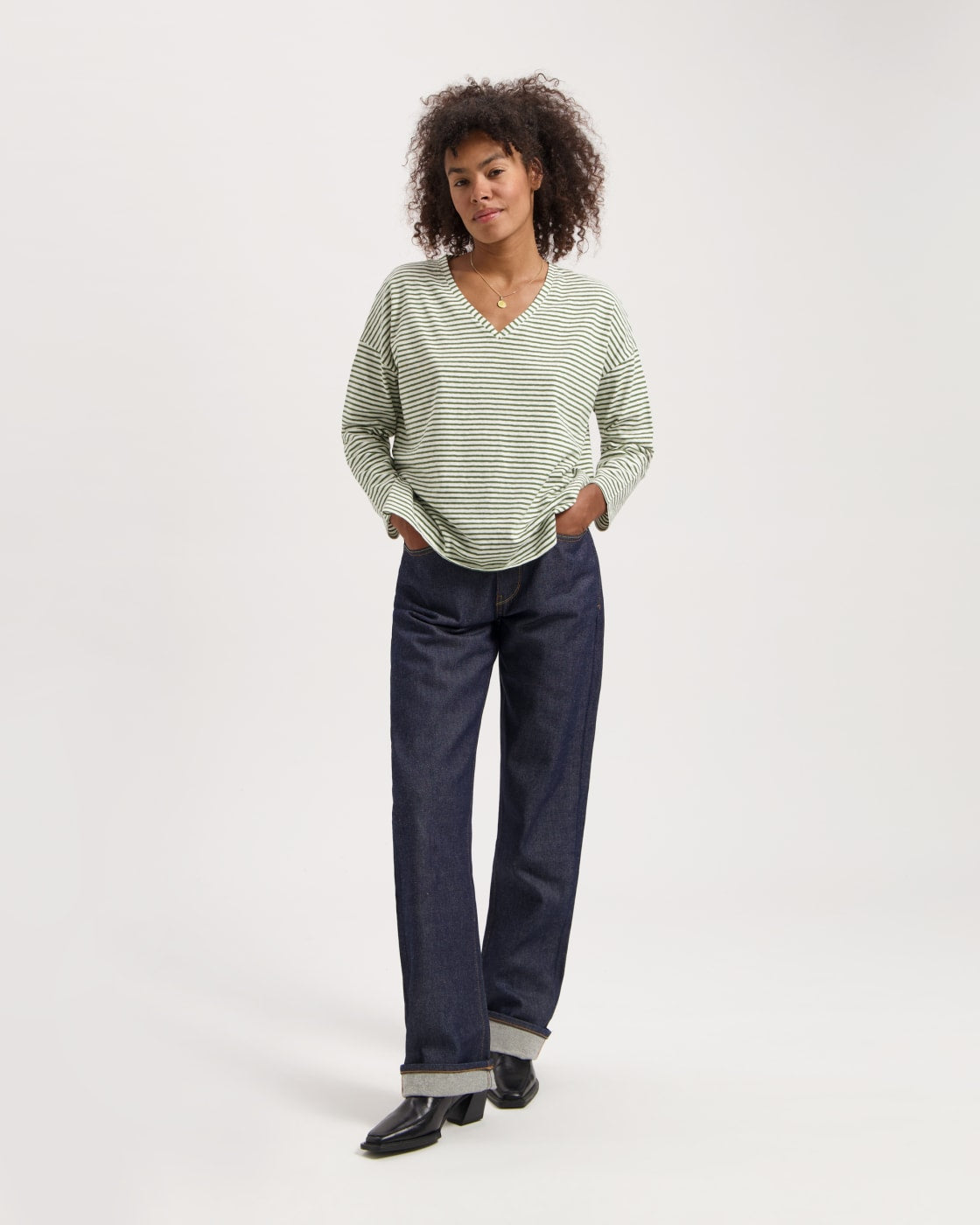 T-shirt manches longues en lin et coton bio | rayé "yulia tee green off white"