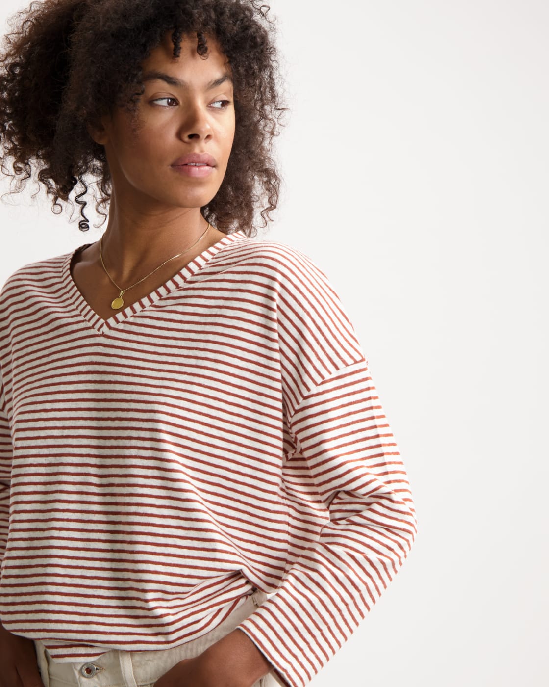 T-shirt manches longues en lin et coton bio | rayé "yulia tee - terra-off white"