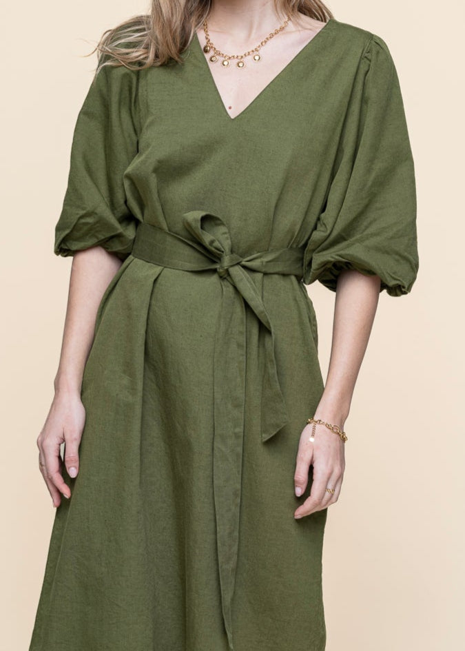 Robe midi en coton bio et lin | vert "may dress - pine green"