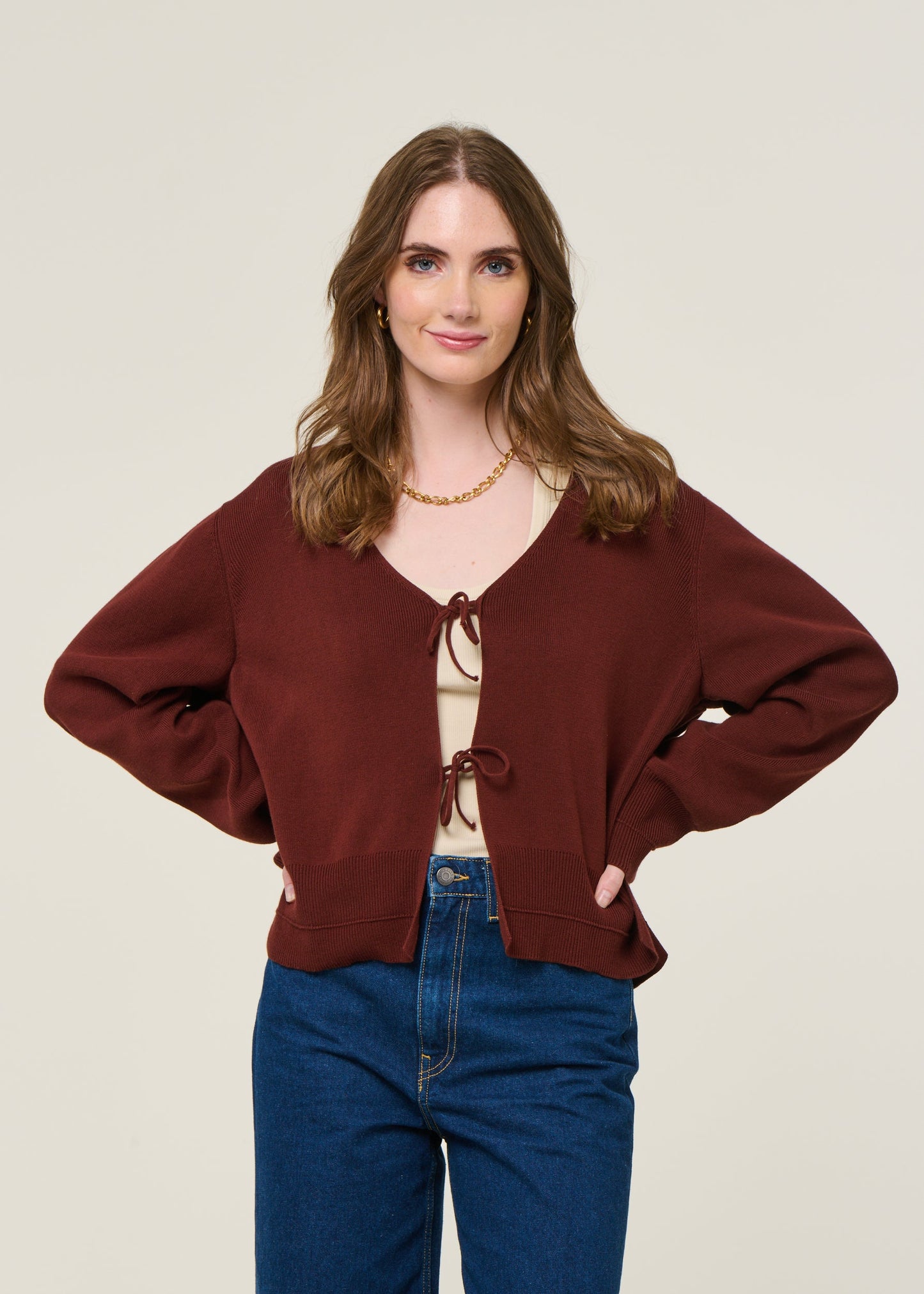 cardigan à noeuds en coton bio | brique "bess knit - brick"