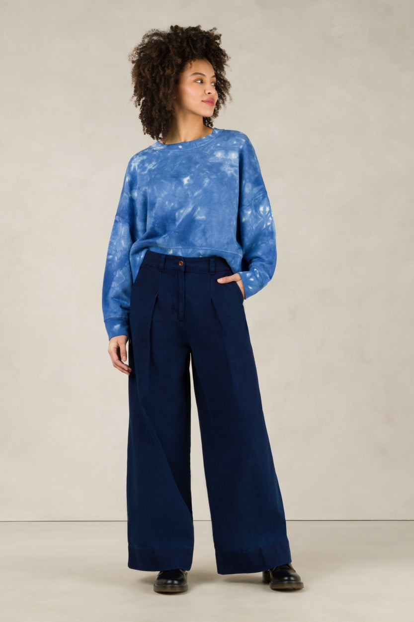 Pantalon ample en coton bio | Chevrons bleu indigo "rapunzel indigo herringbone"