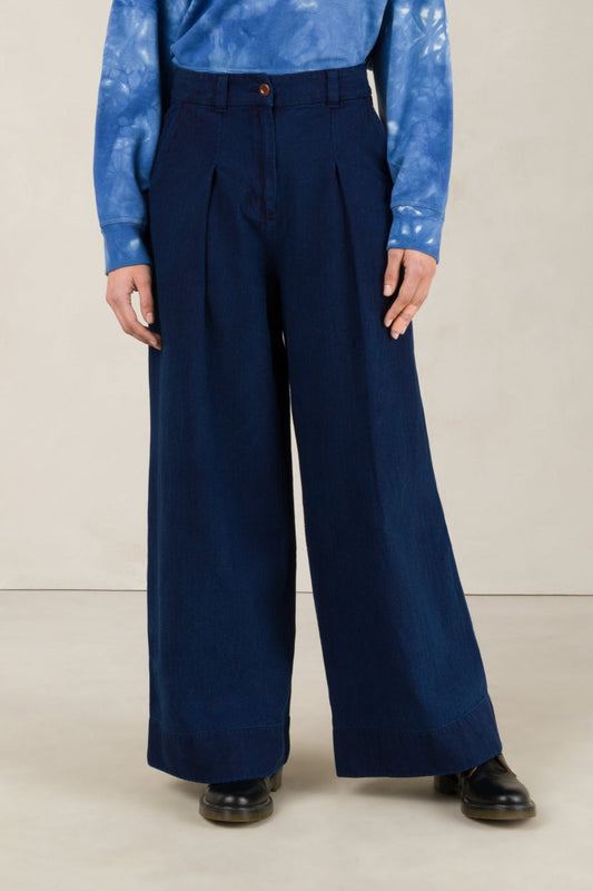 Pantalon ample en coton bio | Chevrons bleu indigo "rapunzel indigo herringbone"