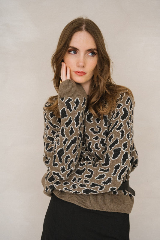 Pull à motif léopard en laine et coton bio | marron "diliriaa leopaa - walnut cream"