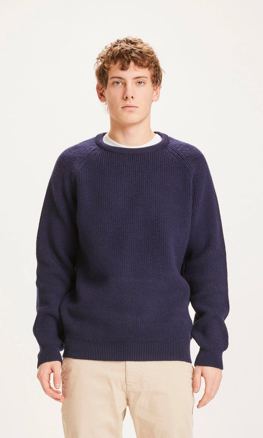 Pull col rond bleu nuit en laine mérinos bio - VALLEY O-neck