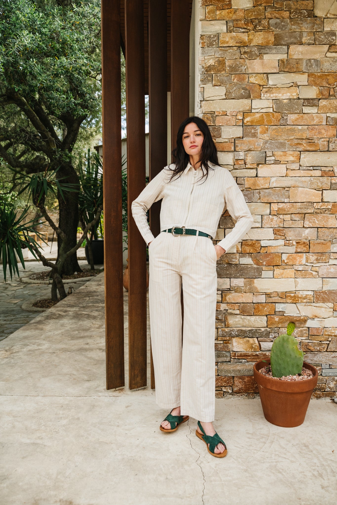 Pantalon à rayures en coton bio et lin | écru "womens pantalone natural stripe"