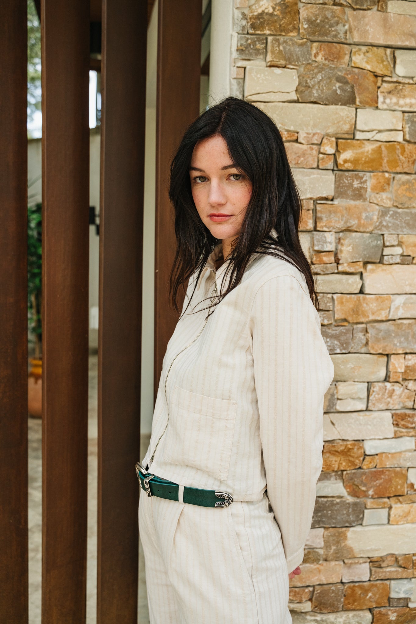 Veste zippée en coton bio et lin | écru rayée "boxy jacket natural stripe"