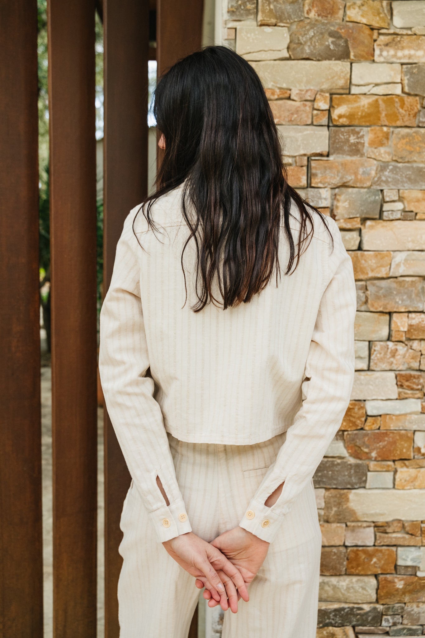Veste zippée en coton bio et lin | écru rayée "boxy jacket natural stripe"