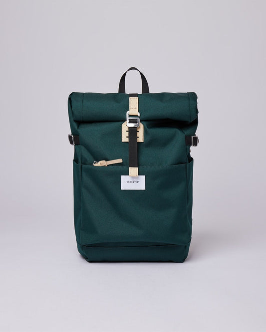 Sac à dos rolltop en matière recyclée | vert "Ilon dark green with natural leather"