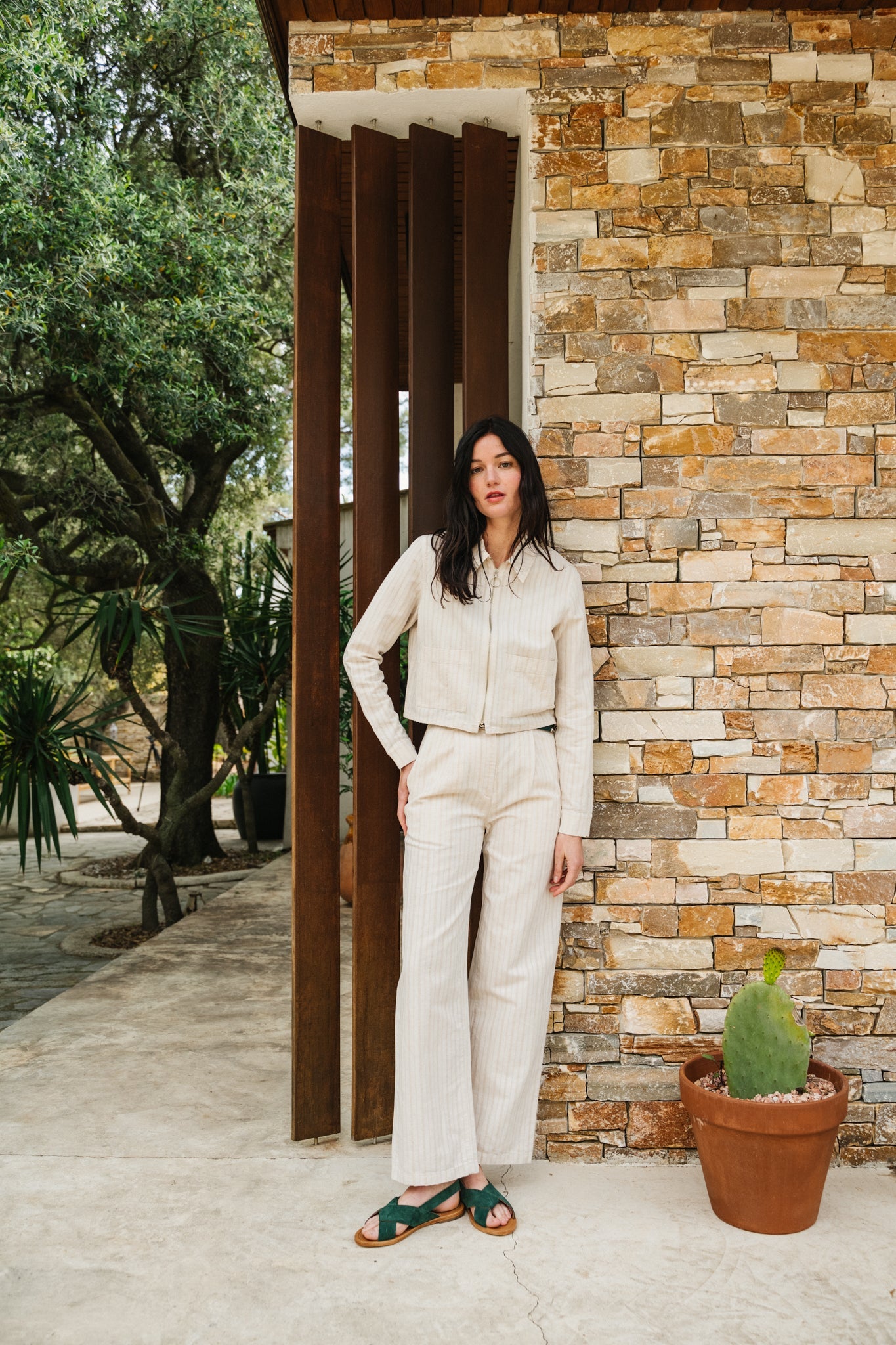 Pantalon à rayures en coton bio et lin | écru "womens pantalone natural stripe"