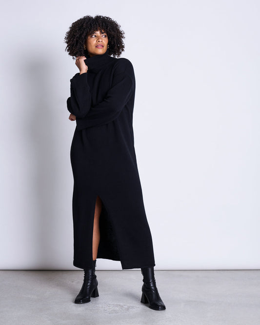 Robe longue col roulé en coton bio | noir "inari black"