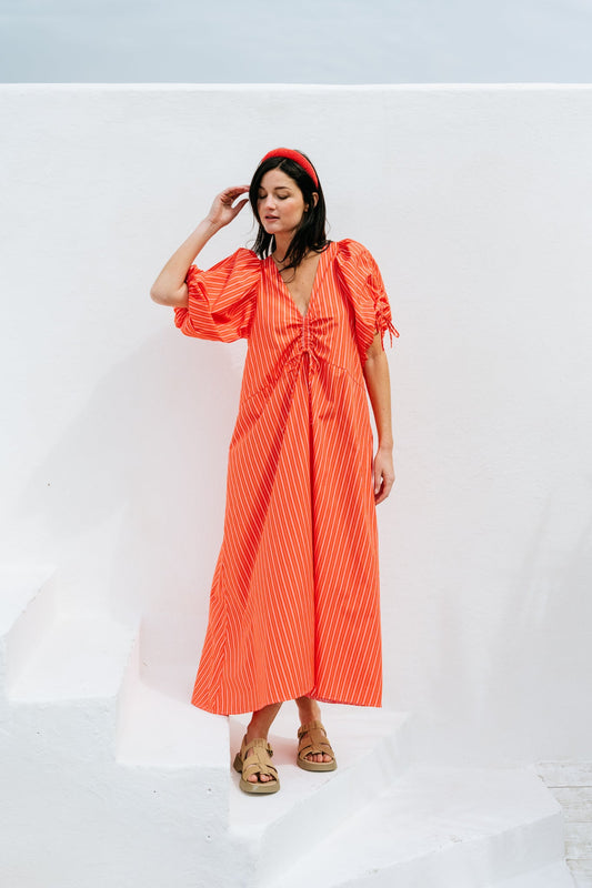 Robe en coton biologique | rouge "Dans - cherry red/white striped"