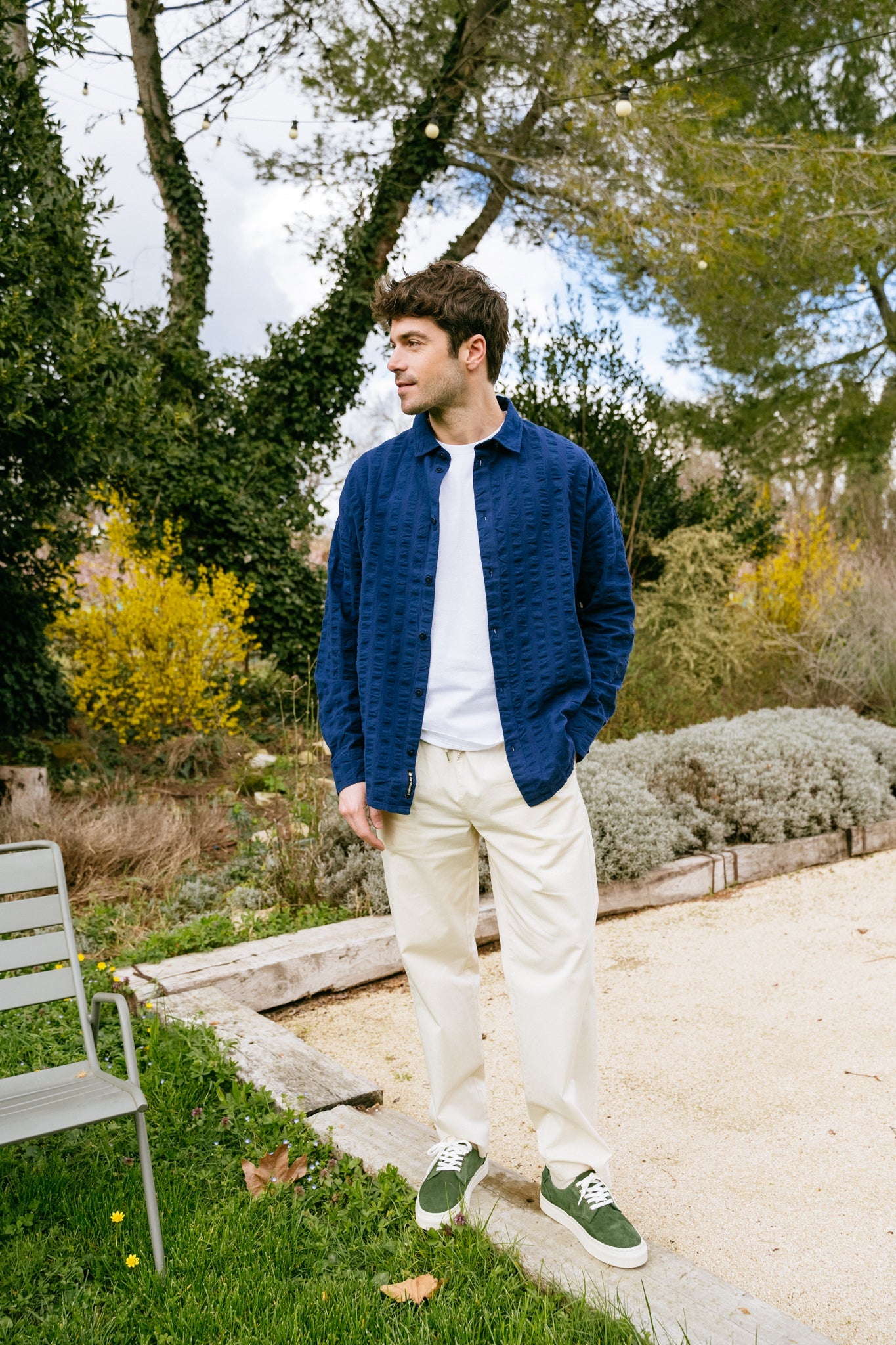 Chemise seersucker en coton bio | Bleu "navy big seersucker haru shirt"