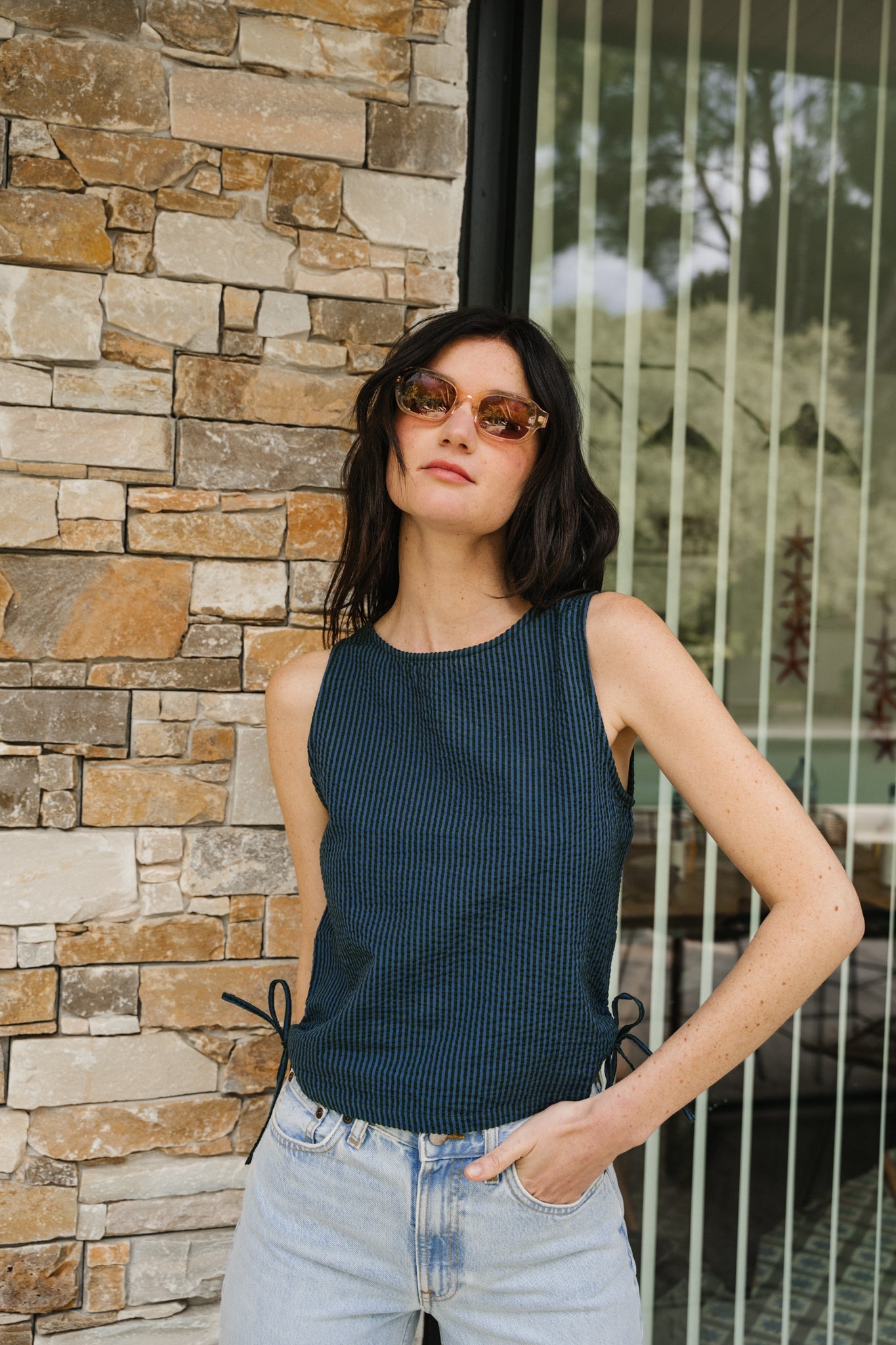 Top en coton bio | Vert "bottle green checks seersucker florence top"