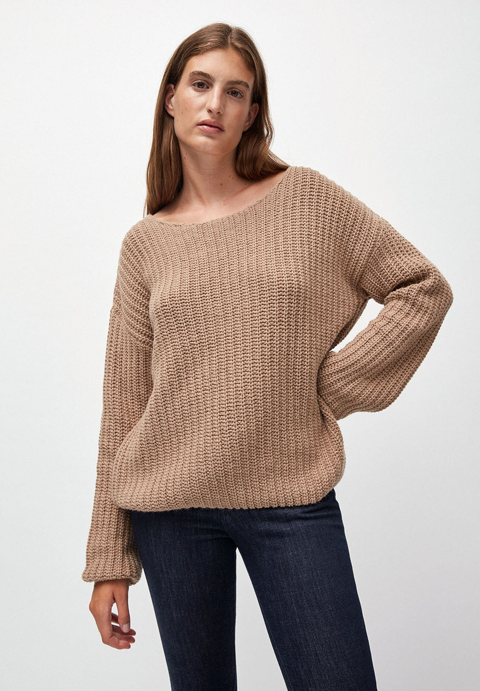 Pull ample beige foncé maille en coton et laine bio - saadie