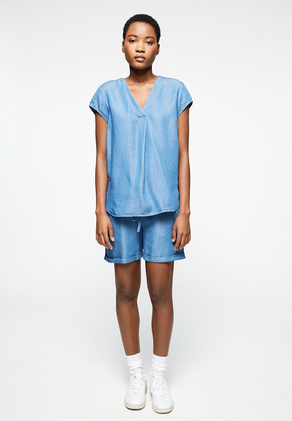 Blouse col V bleu en tencel - Rilaa