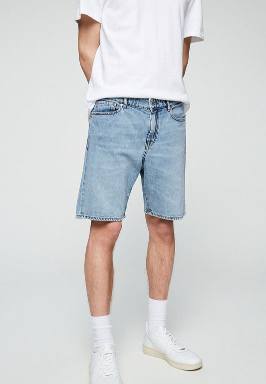 Short jean bleu clair délavé en coton bio - Haauke