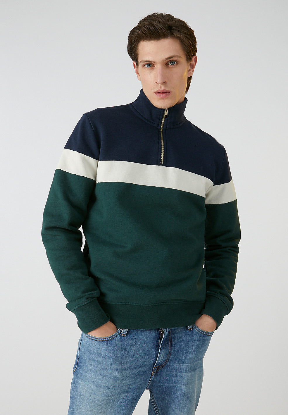 Sweat col zippé tricolore en coton biologique - Raalph