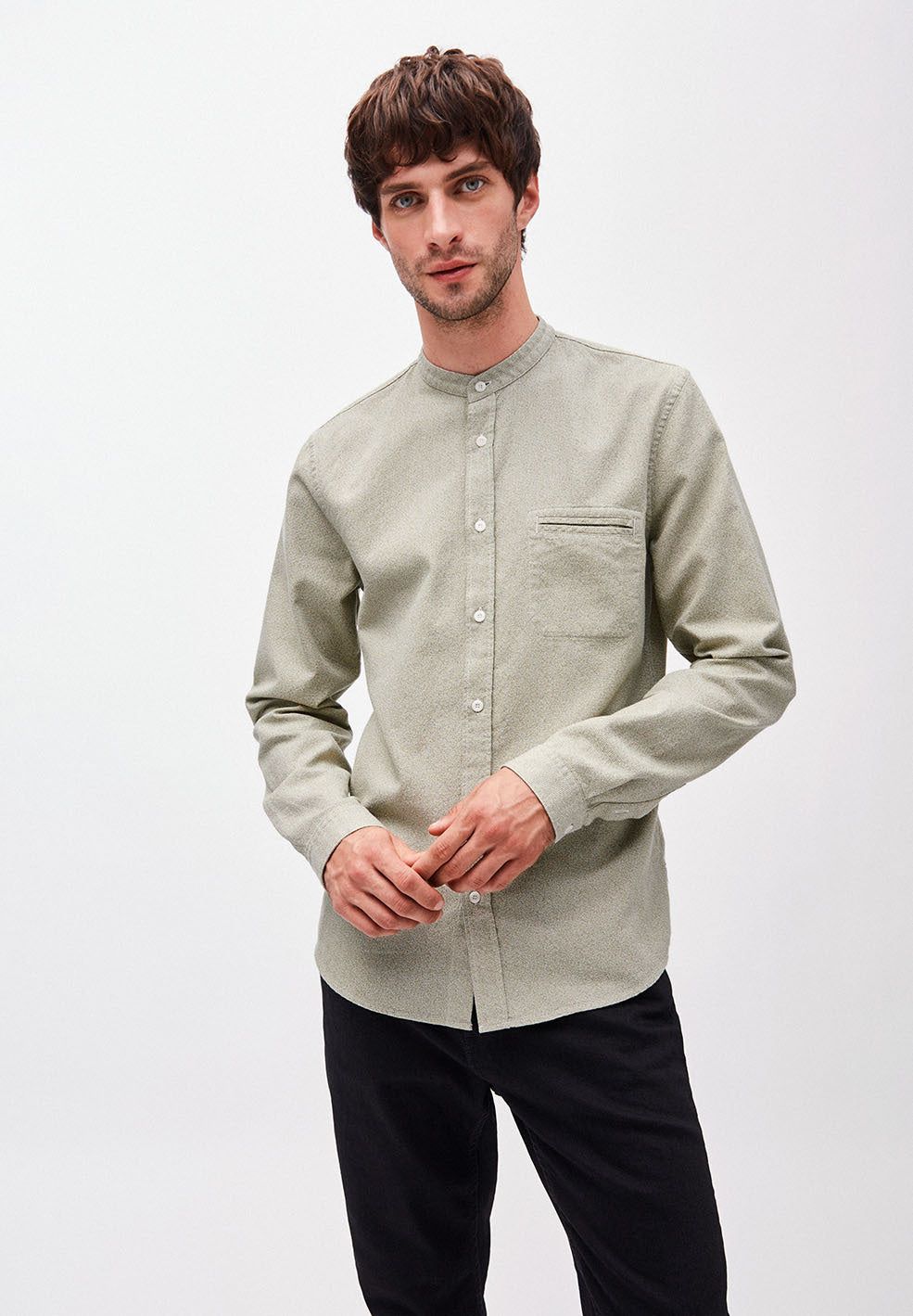Chemise col mao vert pâle en coton bio - Litaa