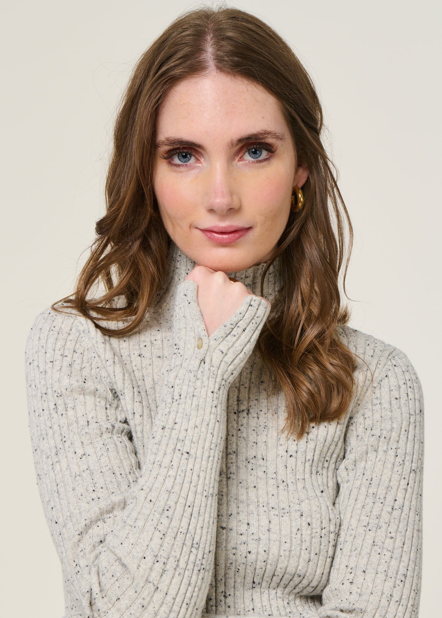 Pull côtelé en coton bio et laine | gris chiné "alaania tweed - oatmilk-black"