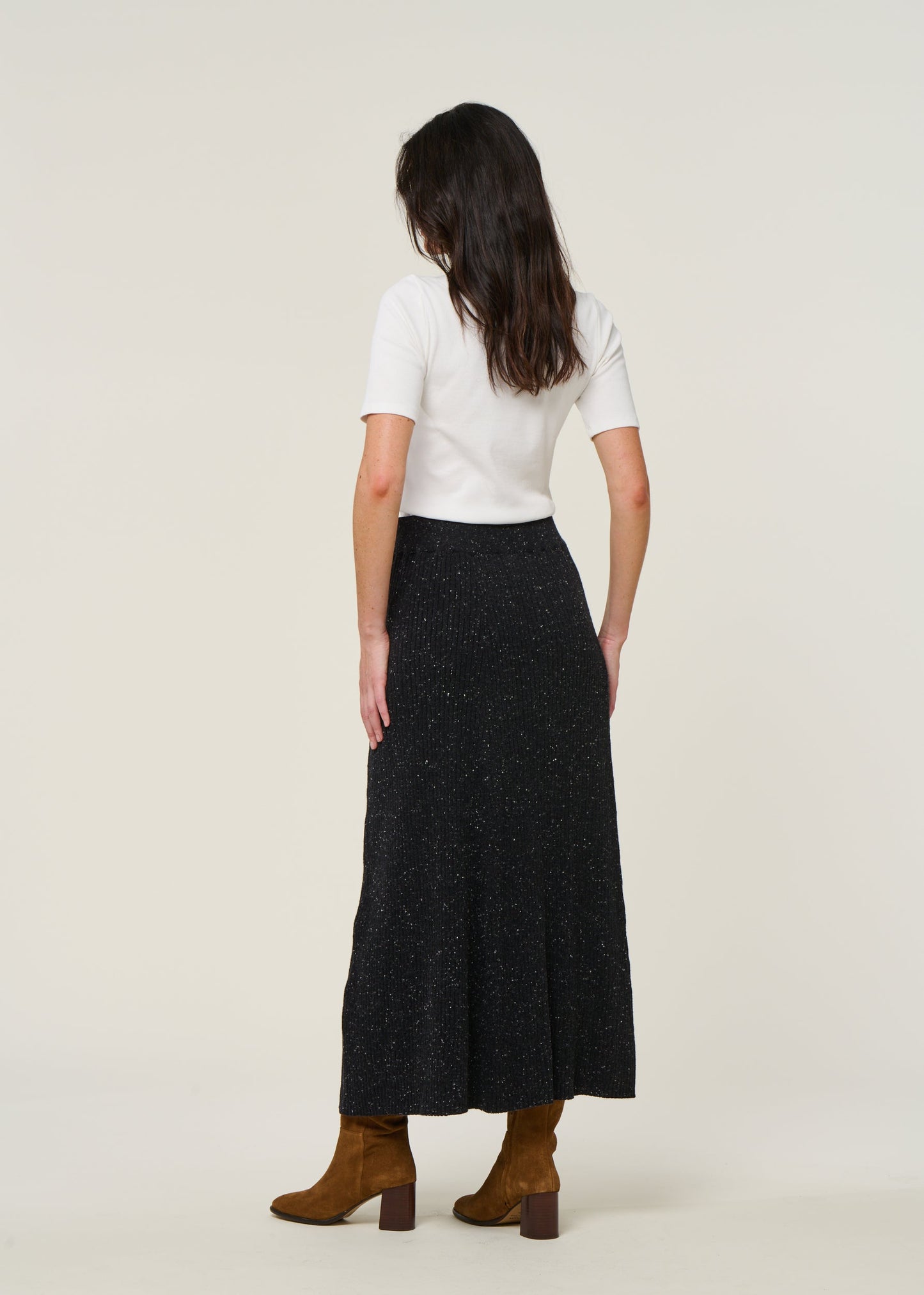 Jupe longue côtelée en coton bio et laine | noir "hanaa tweed - black-oatmilk"