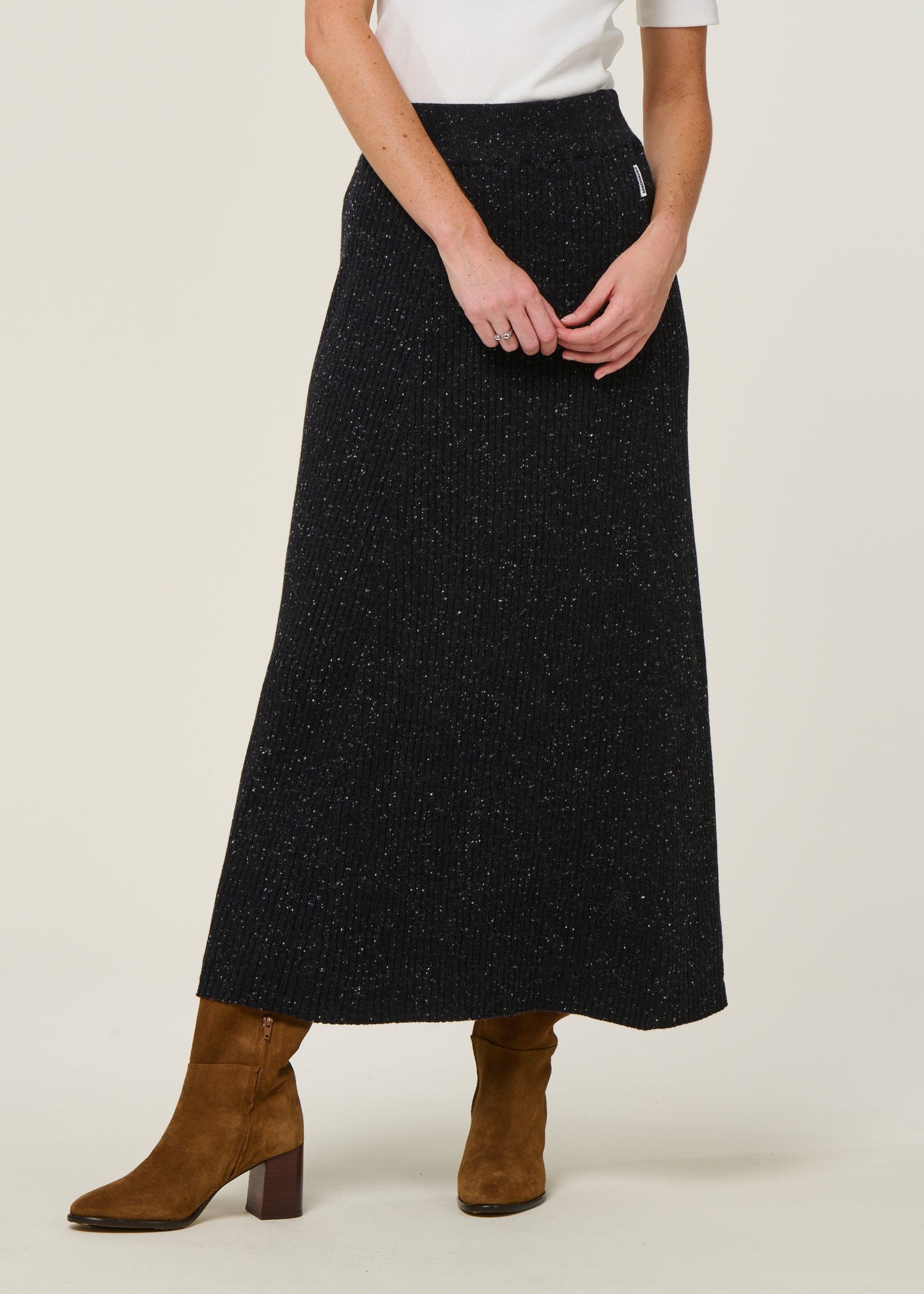 Jupe longue côtelée en coton bio et laine | noir "hanaa tweed - black-oatmilk"