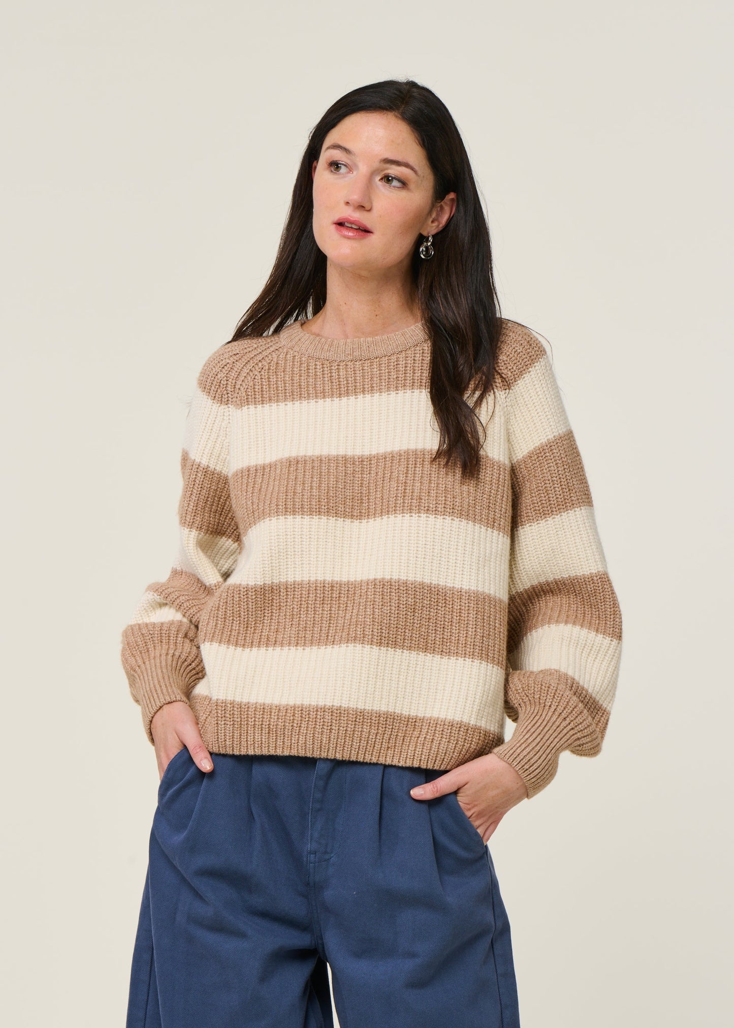 Pull à rayures en laine et coton bio | beige "kaagi stripes - camel melange"