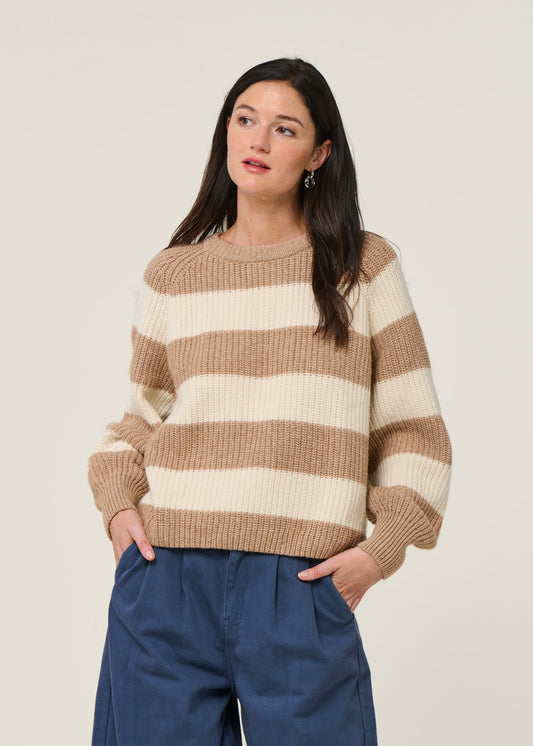 Pull à rayures en laine et coton bio | beige "kaagi stripes - camel melange"