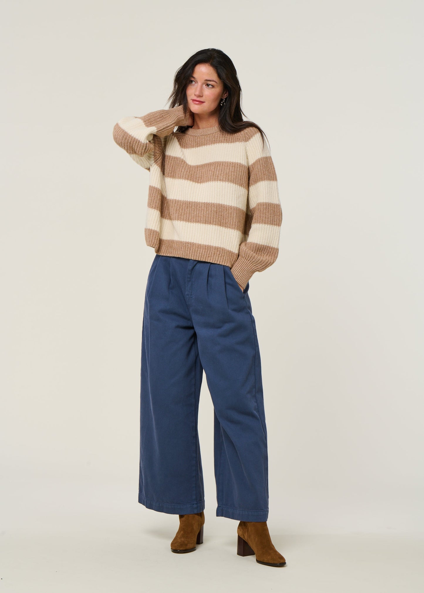 Pull à rayures en laine et coton bio | beige "kaagi stripes - camel melange"