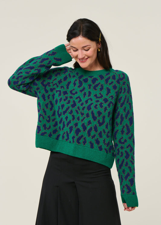 Pull à motif léopard en laine et coton bio | vert "diliriaa leopaa - emerald green"