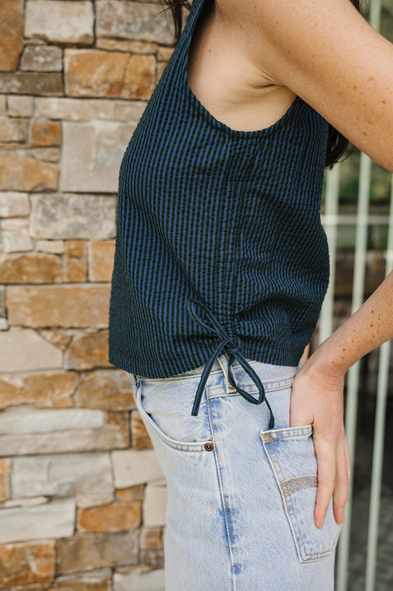Top en coton bio | Vert "bottle green checks seersucker florence top"