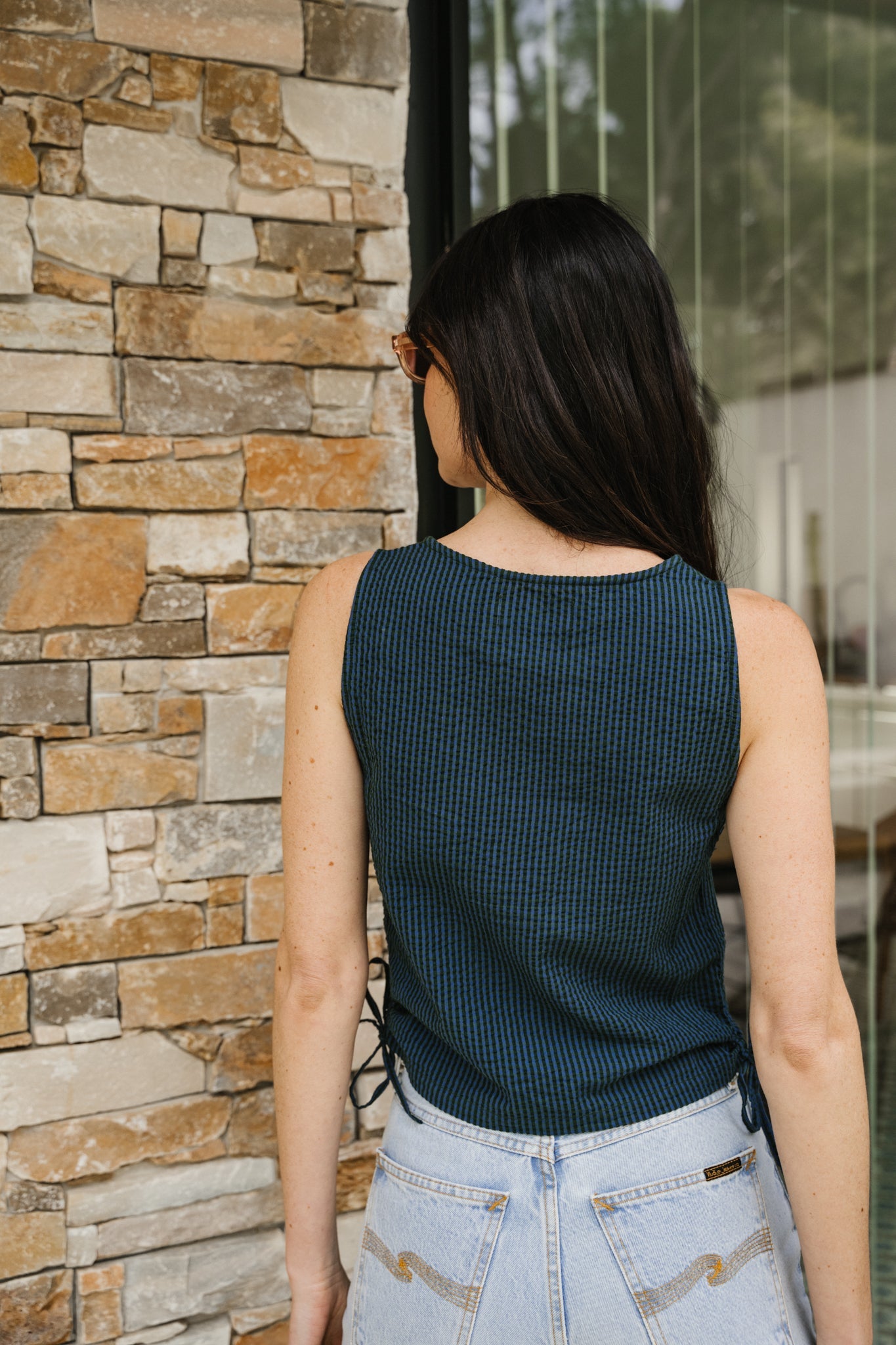 Top en coton bio | Vert "bottle green checks seersucker florence top"