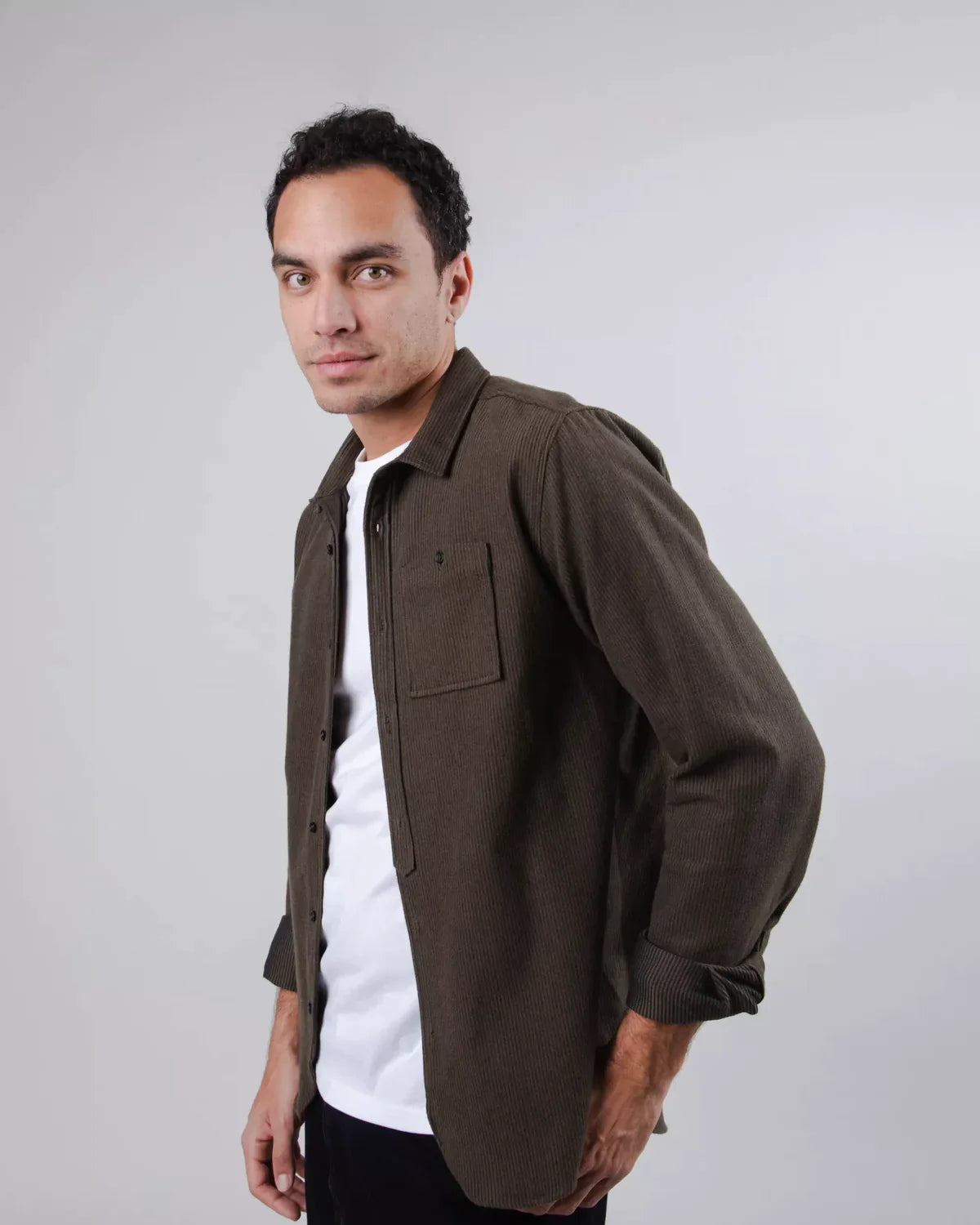 Chemise en flanelle de coton bio | Kaki foncé "two tones regular shirt khaki"