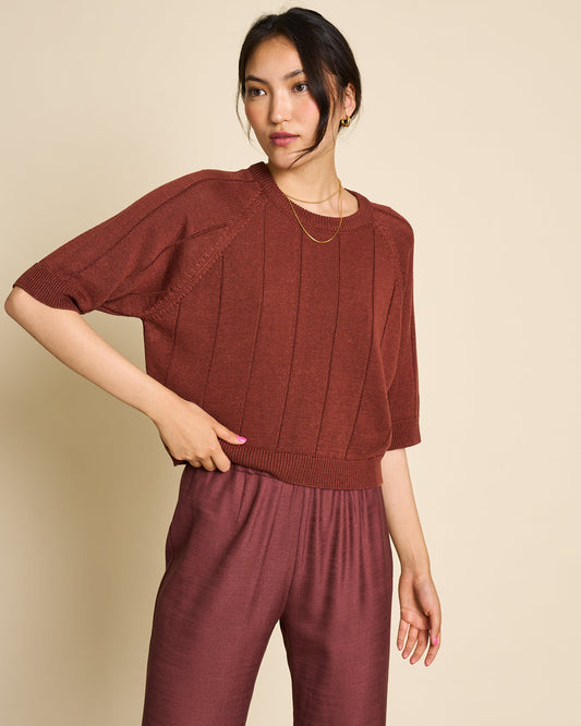 Pull en maille terracotta en lin et tencel - knit fina marsala