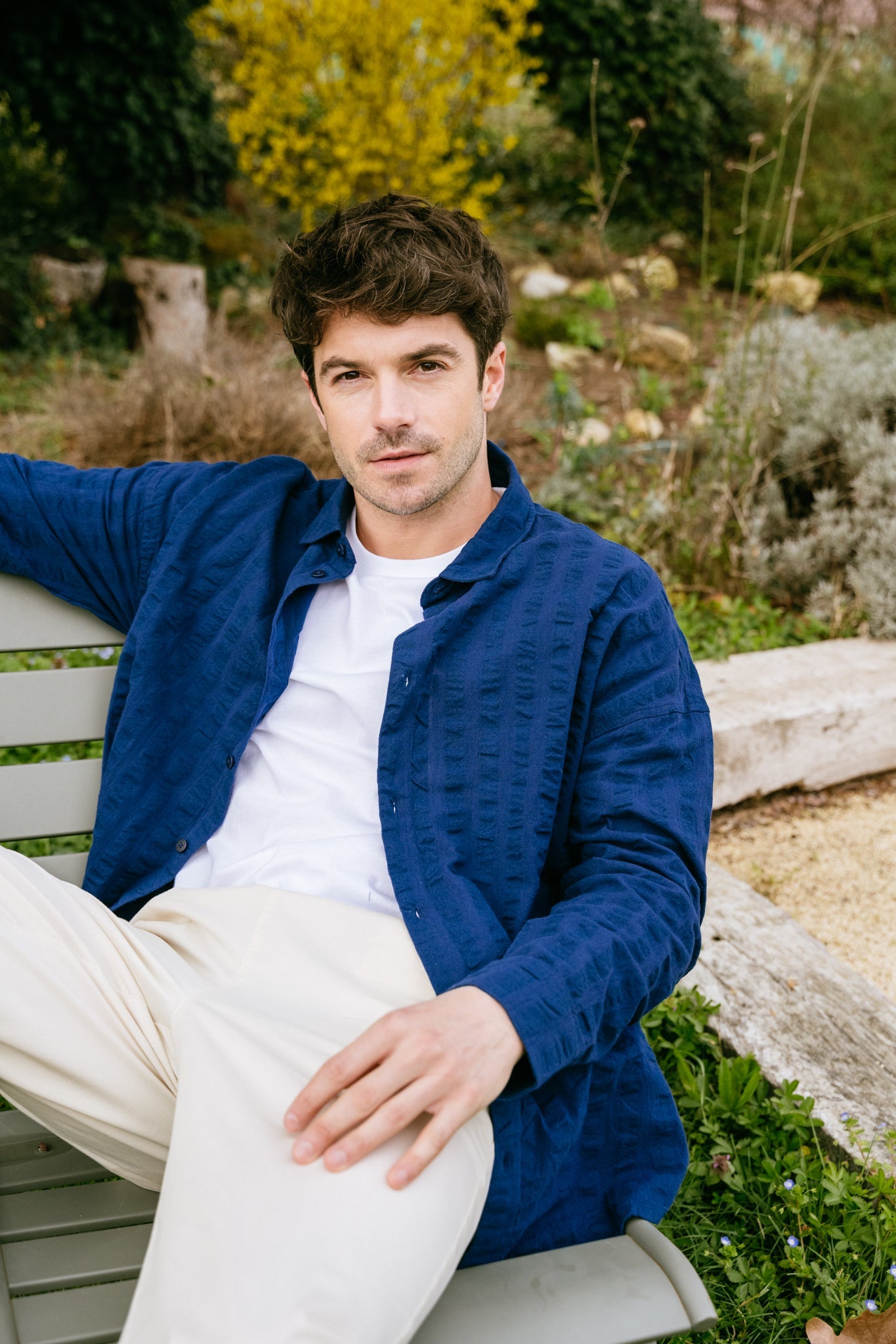 Chemise seersucker en coton bio | Bleu "navy big seersucker haru shirt"