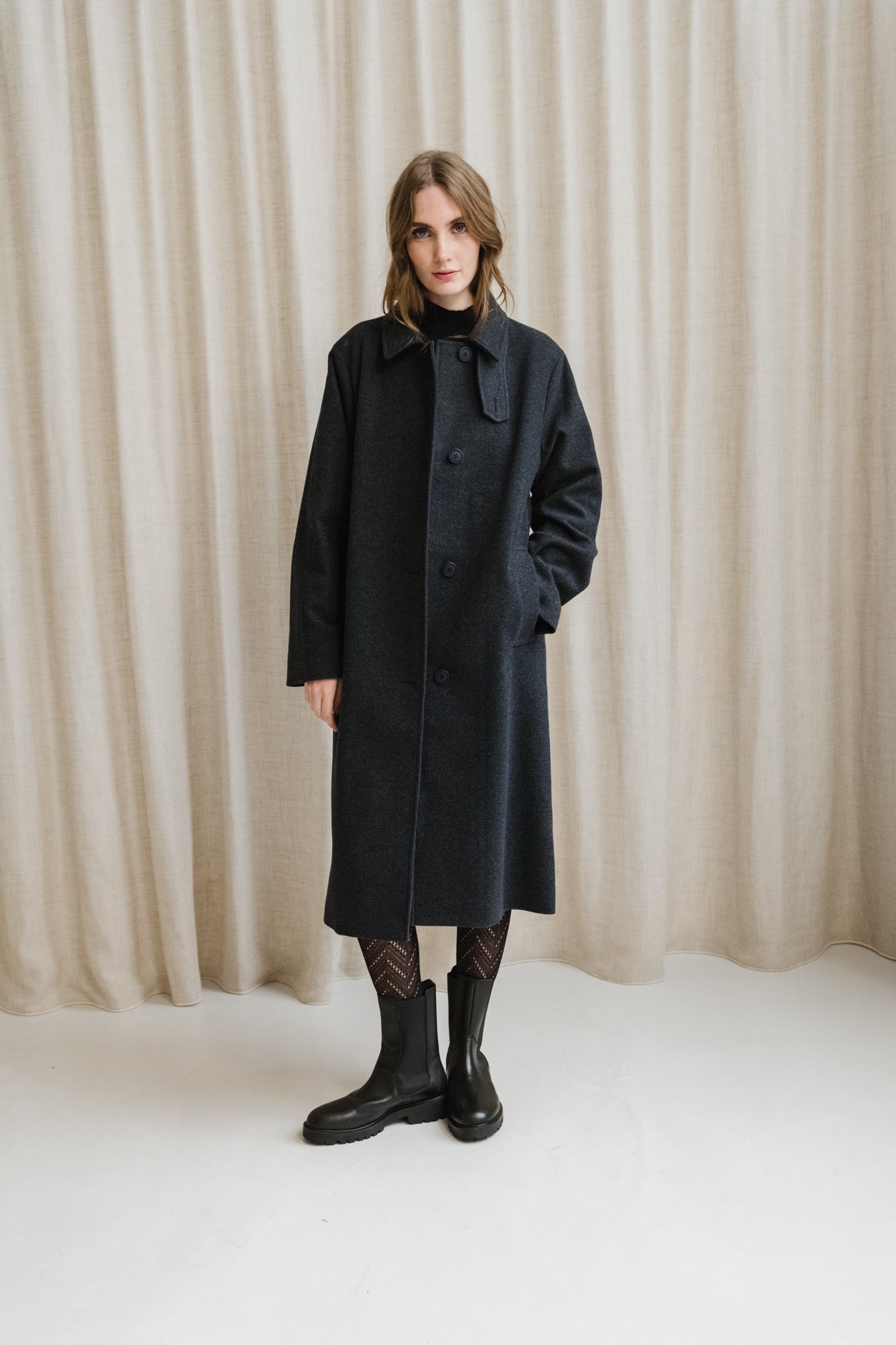 Manteau long en laine bio | gris foncé "vaanoise wool - steel melange"