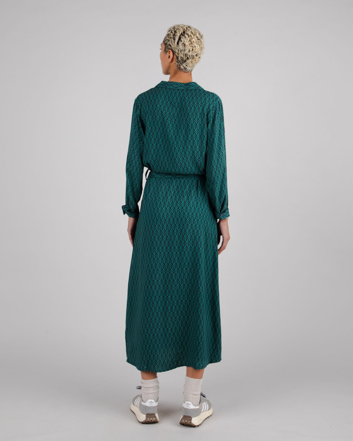 Robe longue en tencel | Imprimé vert "sunflower vneck long sleeve dress navy"