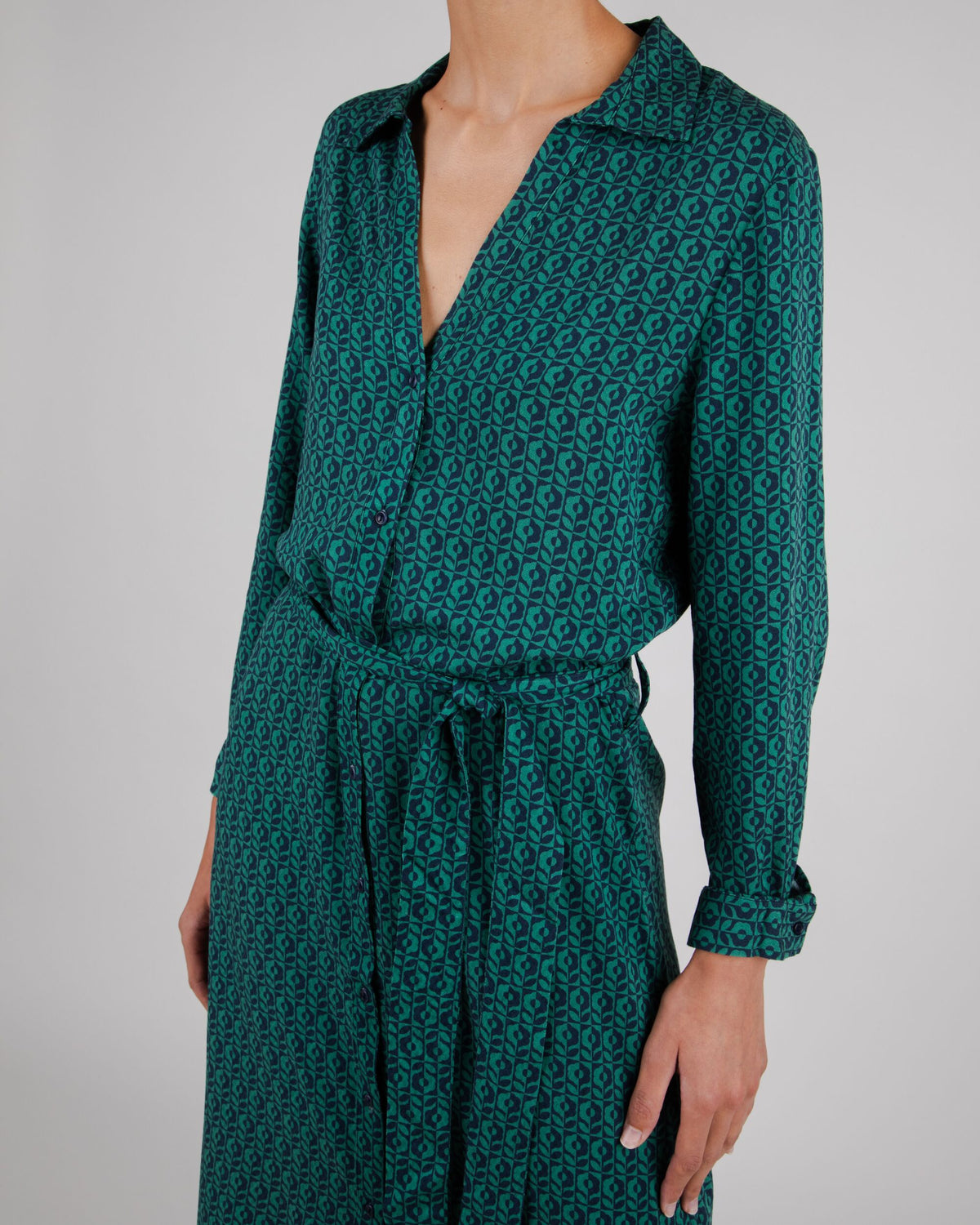 Robe longue en tencel | Imprimé vert "sunflower vneck long sleeve dress navy"