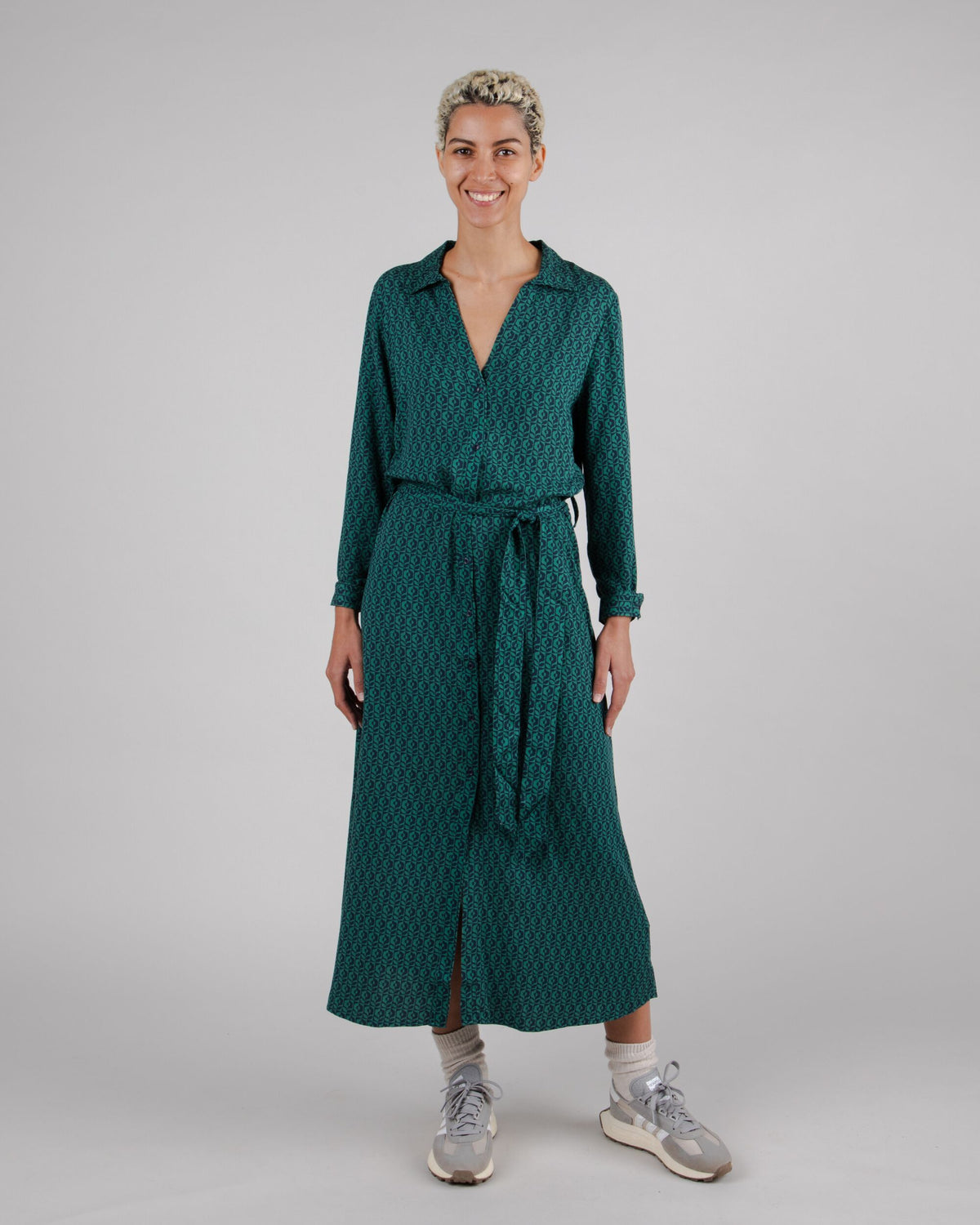 Robe longue en tencel | Imprimé vert "sunflower vneck long sleeve dress navy"