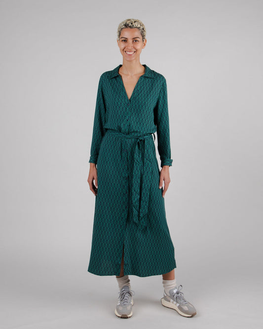 Robe longue en tencel | Imprimé vert "sunflower vneck long sleeve dress navy"