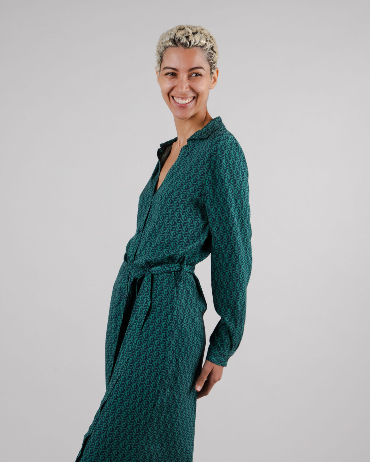 Robe longue en tencel | Imprimé vert "sunflower vneck long sleeve dress navy"
