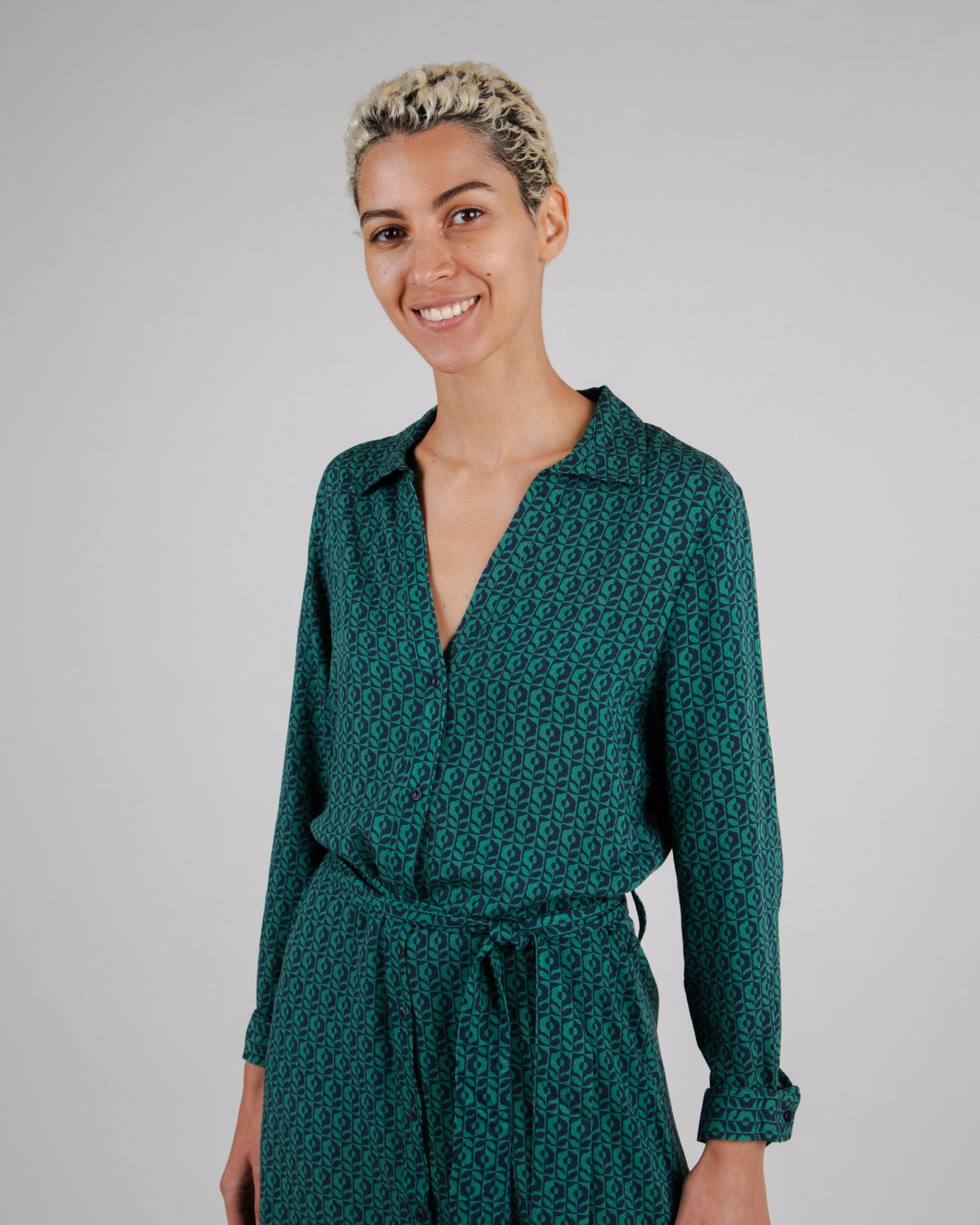 Robe longue en tencel | Imprimé vert "sunflower vneck long sleeve dress navy"