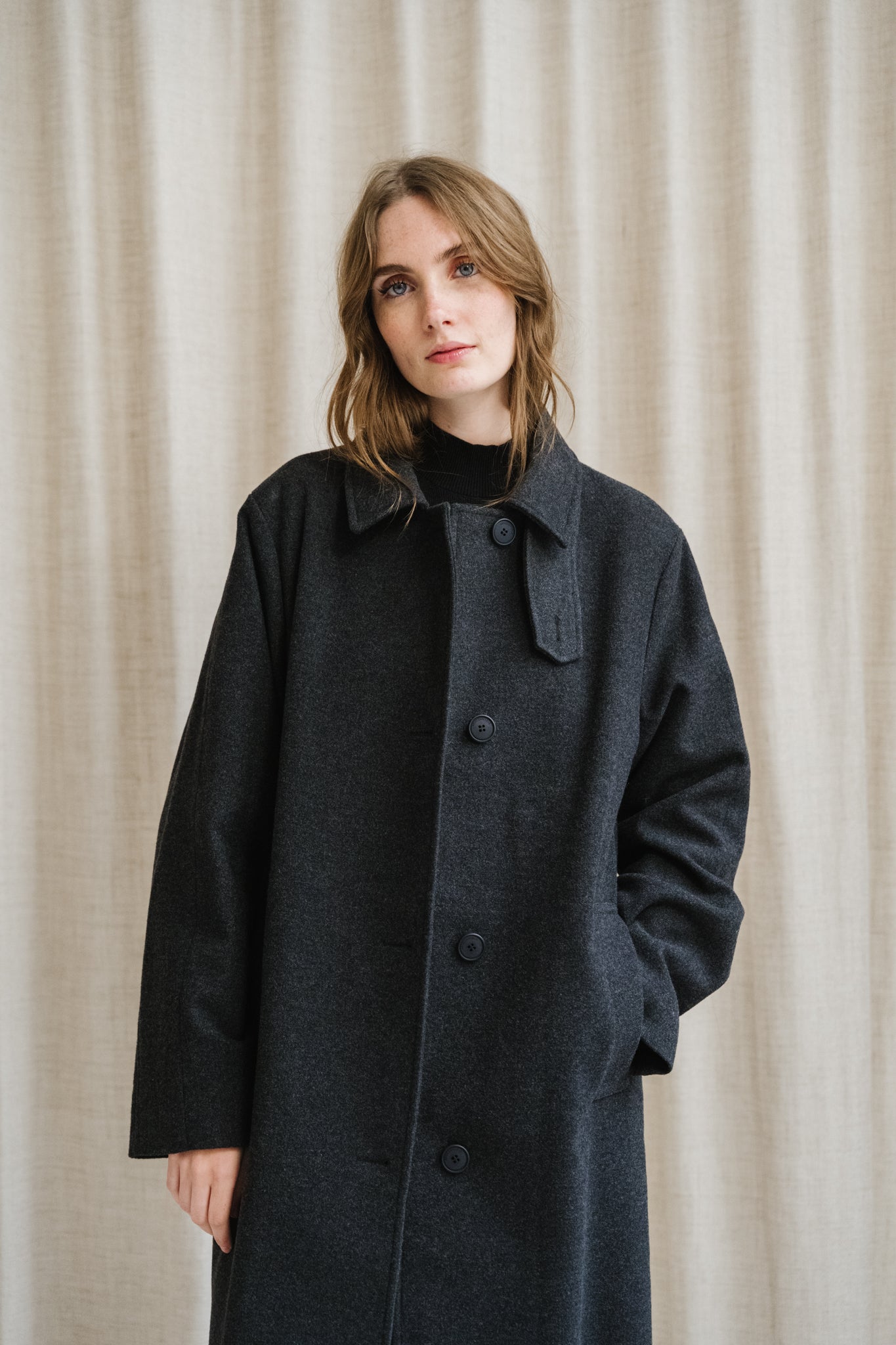 Manteau long en laine bio | gris foncé "vaanoise wool - steel melange"