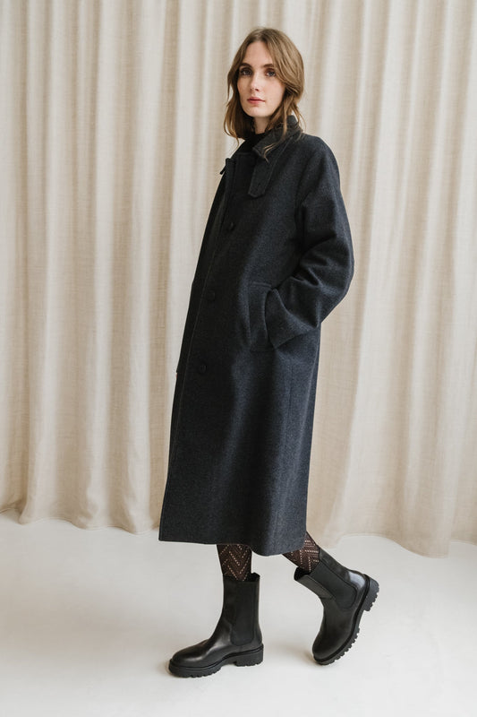 Manteau long en laine bio | gris foncé "vaanoise wool - steel melange"