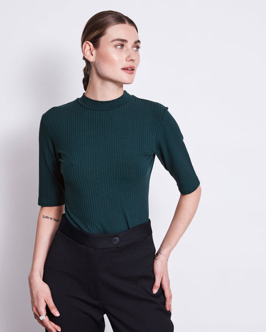 T-shirt manches courtes col cheminée en coton bio | Vert "nina bottle green"