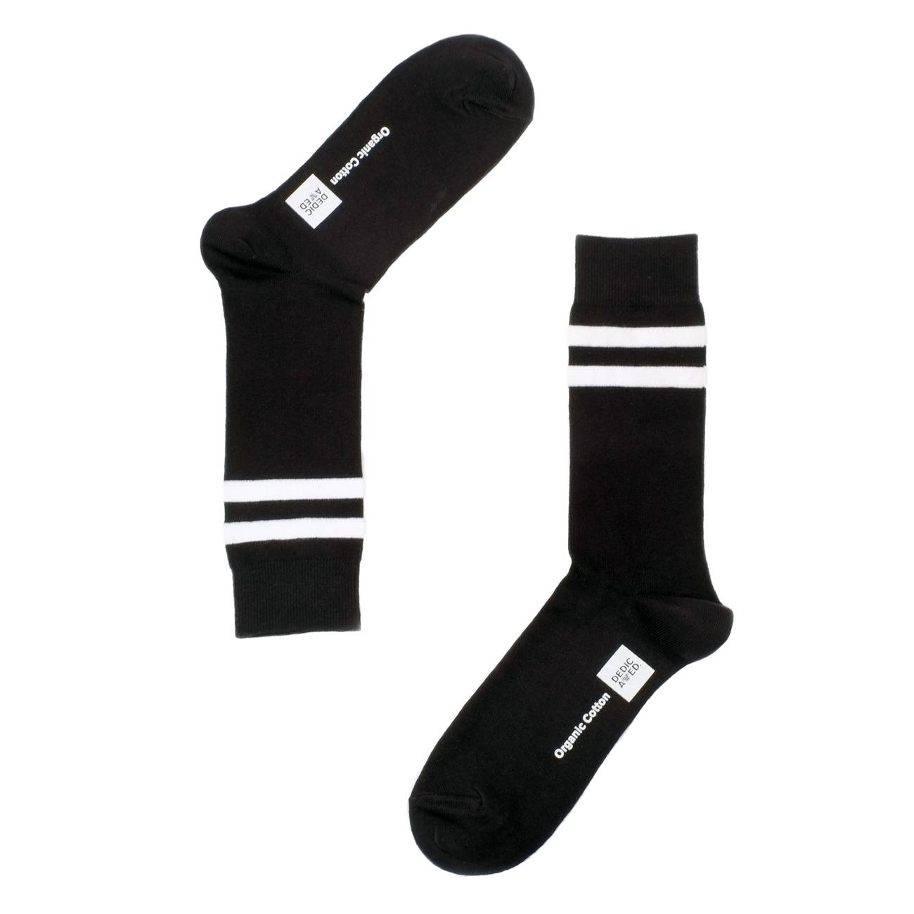 Chaussettes hautes noires à bandes blanches en coton bio