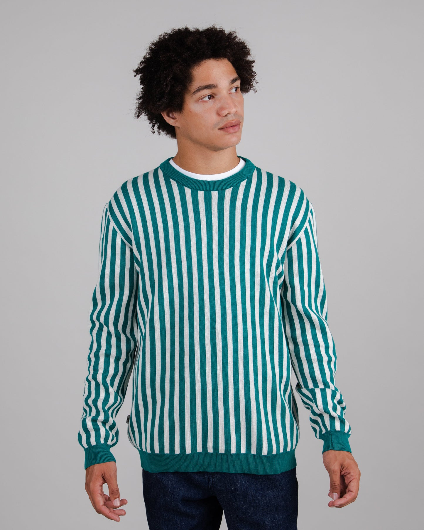 Sweat rayé en coton bio | bleu et blanc "stairs crew neck sweater dark ocean blue"