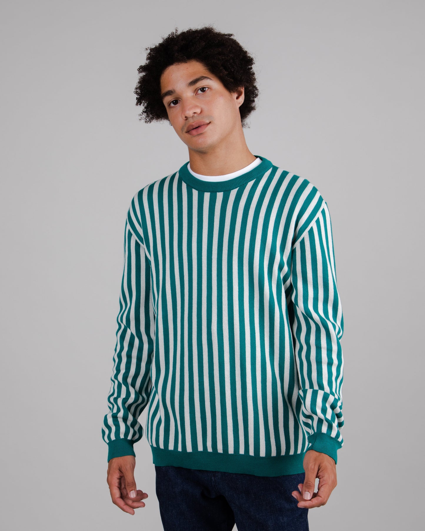 Sweat rayé en coton bio | bleu et blanc "stairs crew neck sweater dark ocean blue"