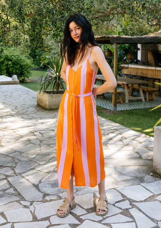 Robe longue en ecovero | Multicolore "color block strap dress orange"