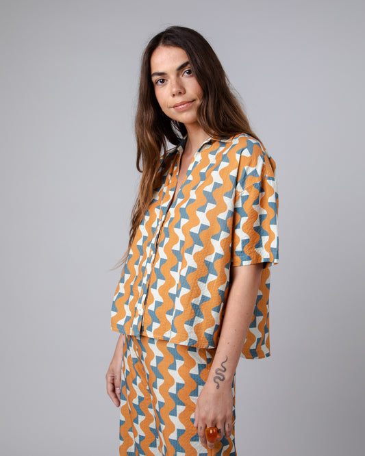 Chemisette ample en coton bio | multicolore "big tiles oversize cropped blouse topaz"